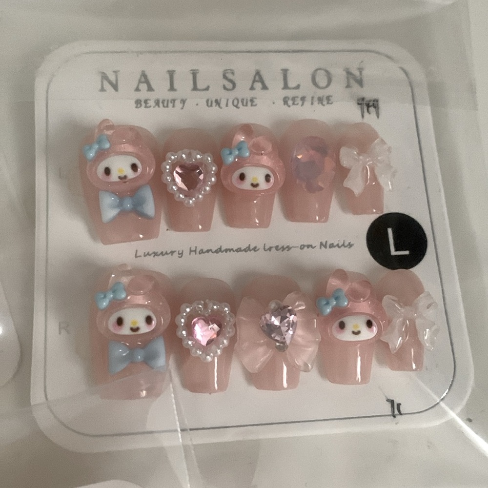 Pink Jelly My Melody Press On Nails w/ Sticky tabs, cuticle pusher, nail file